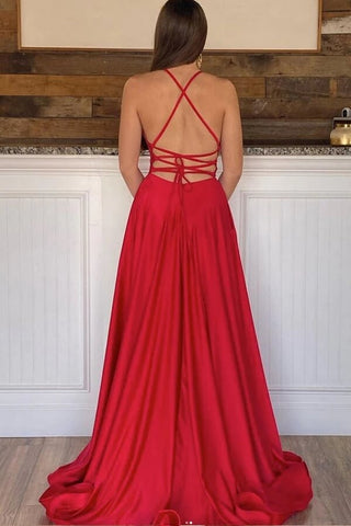 A-line Satin  V-neck Long Prom Dresses With Slit, Evening Gowns