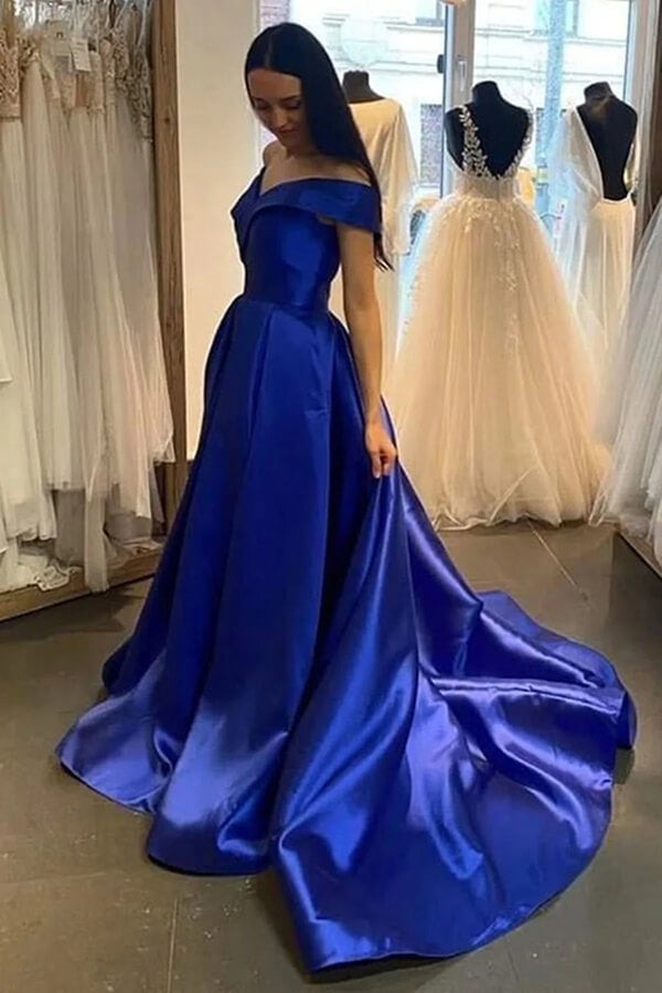 A-line Off Shoulder Evening  Prom Dresses With Train