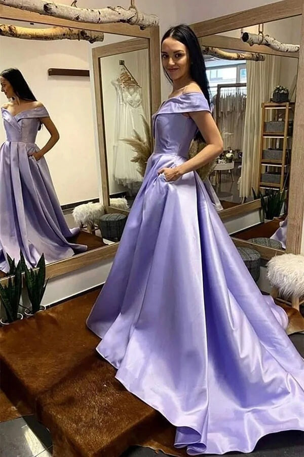 A-line Off Shoulder Evening  Prom Dresses With Train
