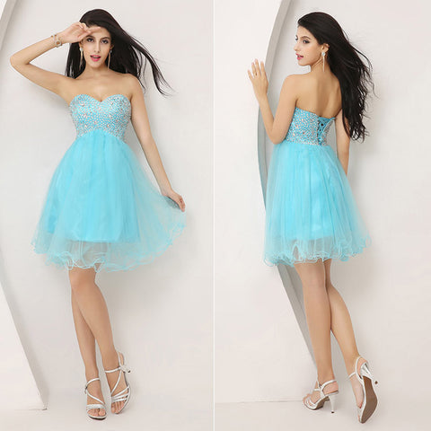 Enchanting Light Blue Strapless Embellished Tulle Prom Dress, SD034