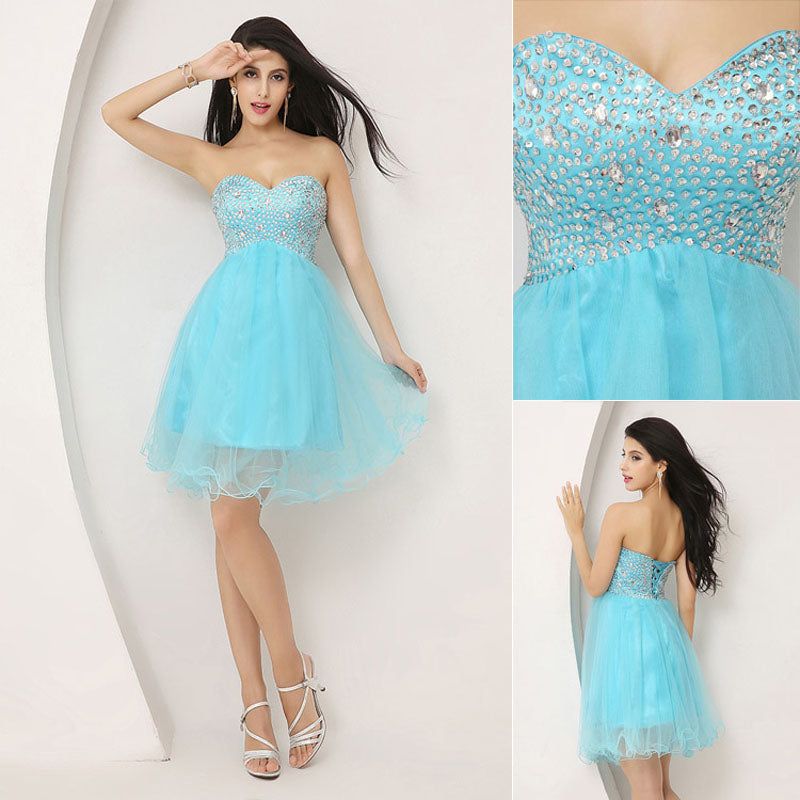 Enchanting Light Blue Strapless Embellished Tulle Prom Dress, SD034