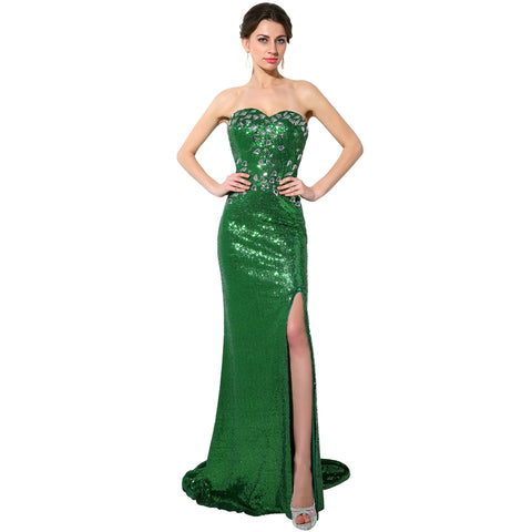 Stunning Strapless Emerald Green Mermaid Gown with Sequin Embellishments and Front Slit Prom Dress,SD114