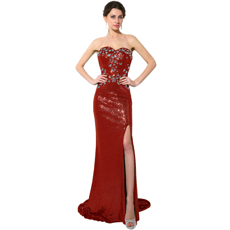 Stunning Strapless Emerald Green Mermaid Gown with Sequin Embellishments and Front Slit Prom Dress,SD114
