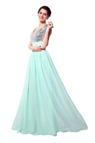 Elegant Beige Sleeveless V - Neck Gown with Embellished Bodice and Flowing Pleated Prom Dress,SD125