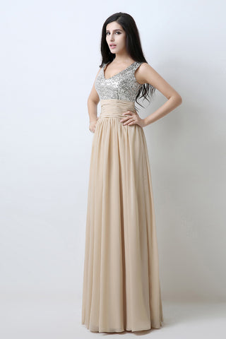 Elegant Beige Sleeveless V - Neck Gown with Embellished Bodice and Flowing Pleated Prom Dress,SD125