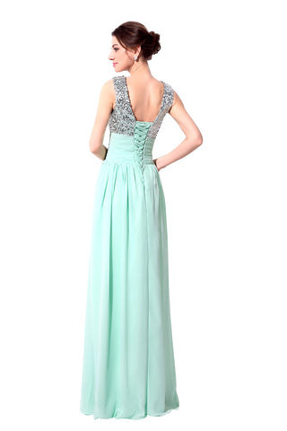 Elegant Beige Sleeveless V - Neck Gown with Embellished Bodice and Flowing Pleated Prom Dress,SD125