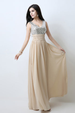 Elegant Beige Sleeveless V - Neck Gown with Embellished Bodice and Flowing Pleated Prom Dress,SD125