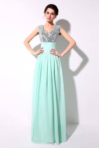 Elegant Beige Sleeveless V - Neck Gown with Embellished Bodice and Flowing Pleated Prom Dress,SD125