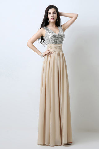 Elegant Beige Sleeveless V - Neck Gown with Embellished Bodice and Flowing Pleated Prom Dress,SD125