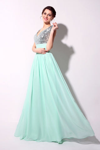 Elegant Beige Sleeveless V - Neck Gown with Embellished Bodice and Flowing Pleated Prom Dress,SD125