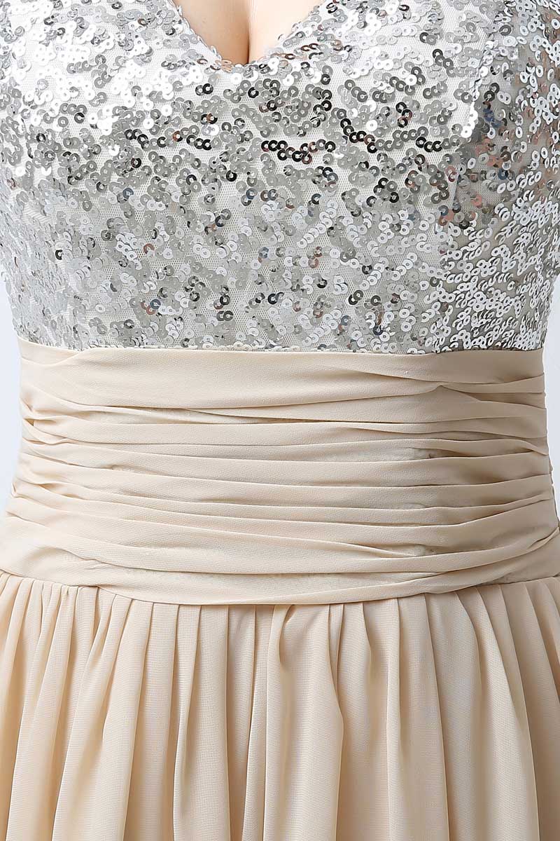 Elegant Beige Sleeveless V - Neck Gown with Embellished Bodice and Flowing Pleated Prom Dress,SD125