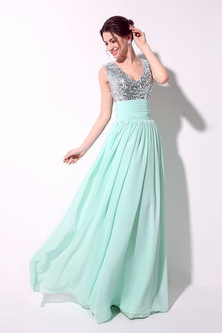Elegant Beige Sleeveless V - Neck Gown with Embellished Bodice and Flowing Pleated Prom Dress,SD125