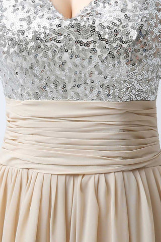 Elegant Beige Sleeveless V - Neck Gown with Embellished Bodice and Flowing Pleated Prom Dress,SD125