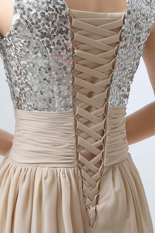 Elegant Beige Sleeveless V - Neck Gown with Embellished Bodice and Flowing Pleated Prom Dress,SD125