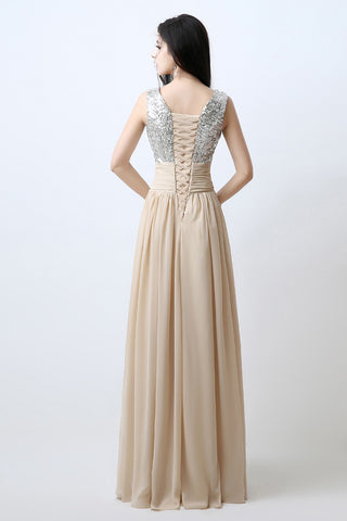 Elegant Beige Sleeveless V - Neck Gown with Embellished Bodice and Flowing Pleated Prom Dress,SD125