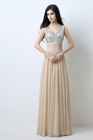 Elegant Beige Sleeveless V - Neck Gown with Embellished Bodice and Flowing Pleated Prom Dress,SD125