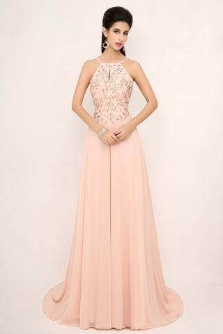 Exquisite Blush Pink Halter Gown with Embroidered Bodice and Flowing Tulle Prom Dress,SD132