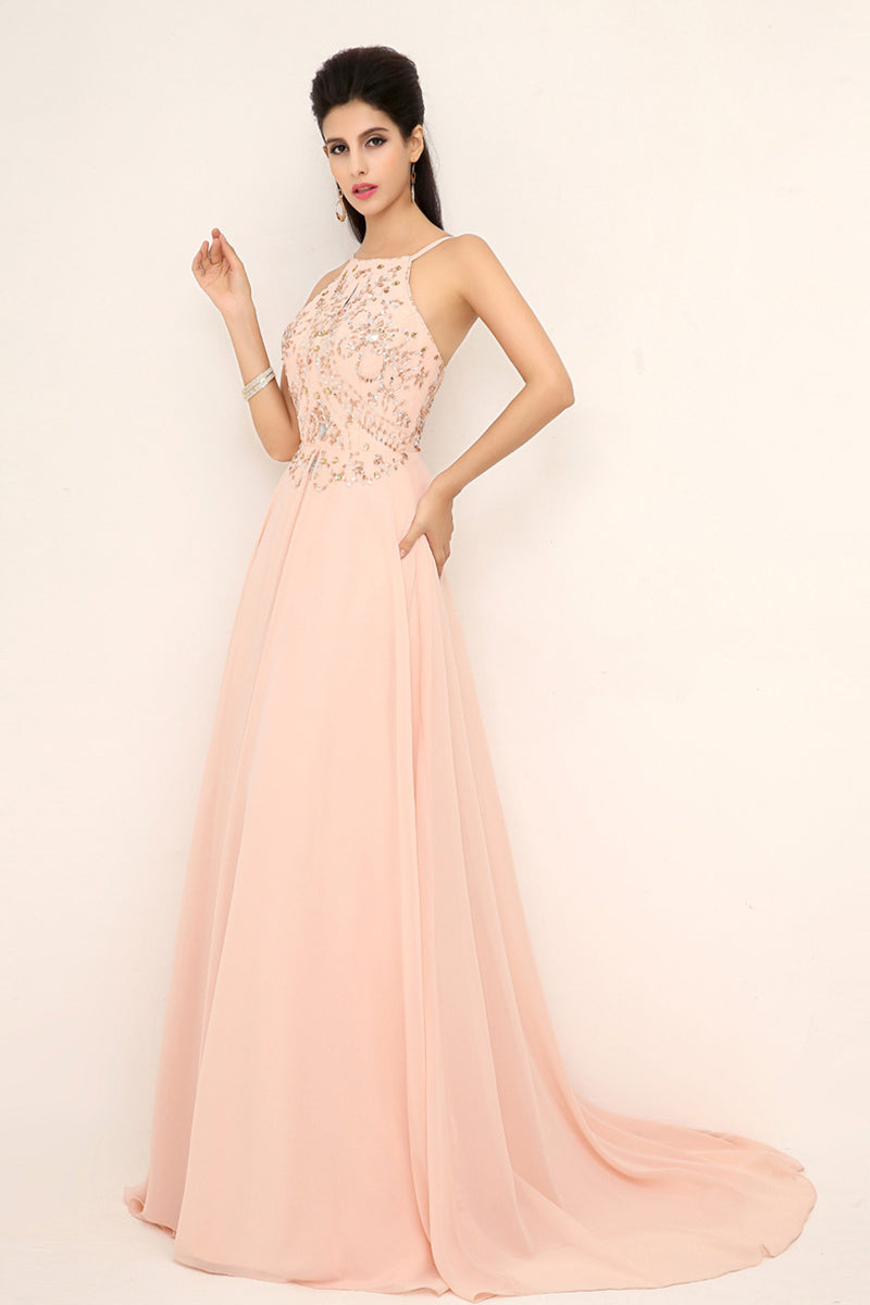 Exquisite Blush Pink Halter Gown with Embroidered Bodice and Flowing Tulle Prom Dress,SD132
