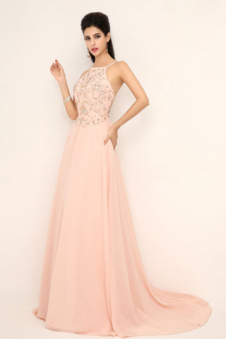 Exquisite Blush Pink Halter Gown with Embroidered Bodice and Flowing Tulle Prom Dress,SD132