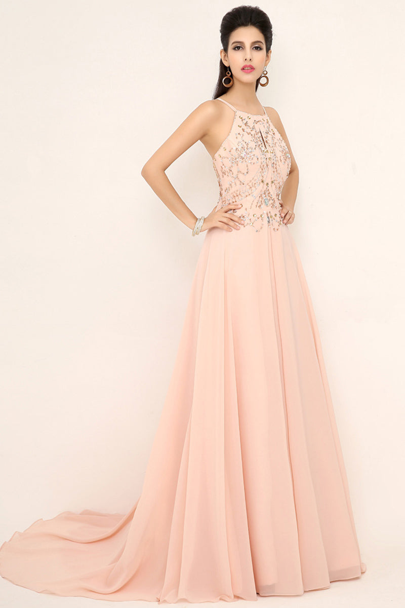 Exquisite Blush Pink Halter Gown with Embroidered Bodice and Flowing Tulle Prom Dress,SD132