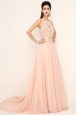 Exquisite Blush Pink Halter Gown with Embroidered Bodice and Flowing Tulle Prom Dress,SD132