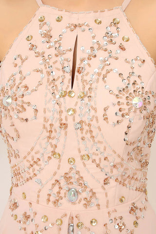 Exquisite Blush Pink Halter Gown with Embroidered Bodice and Flowing Tulle Prom Dress,SD132