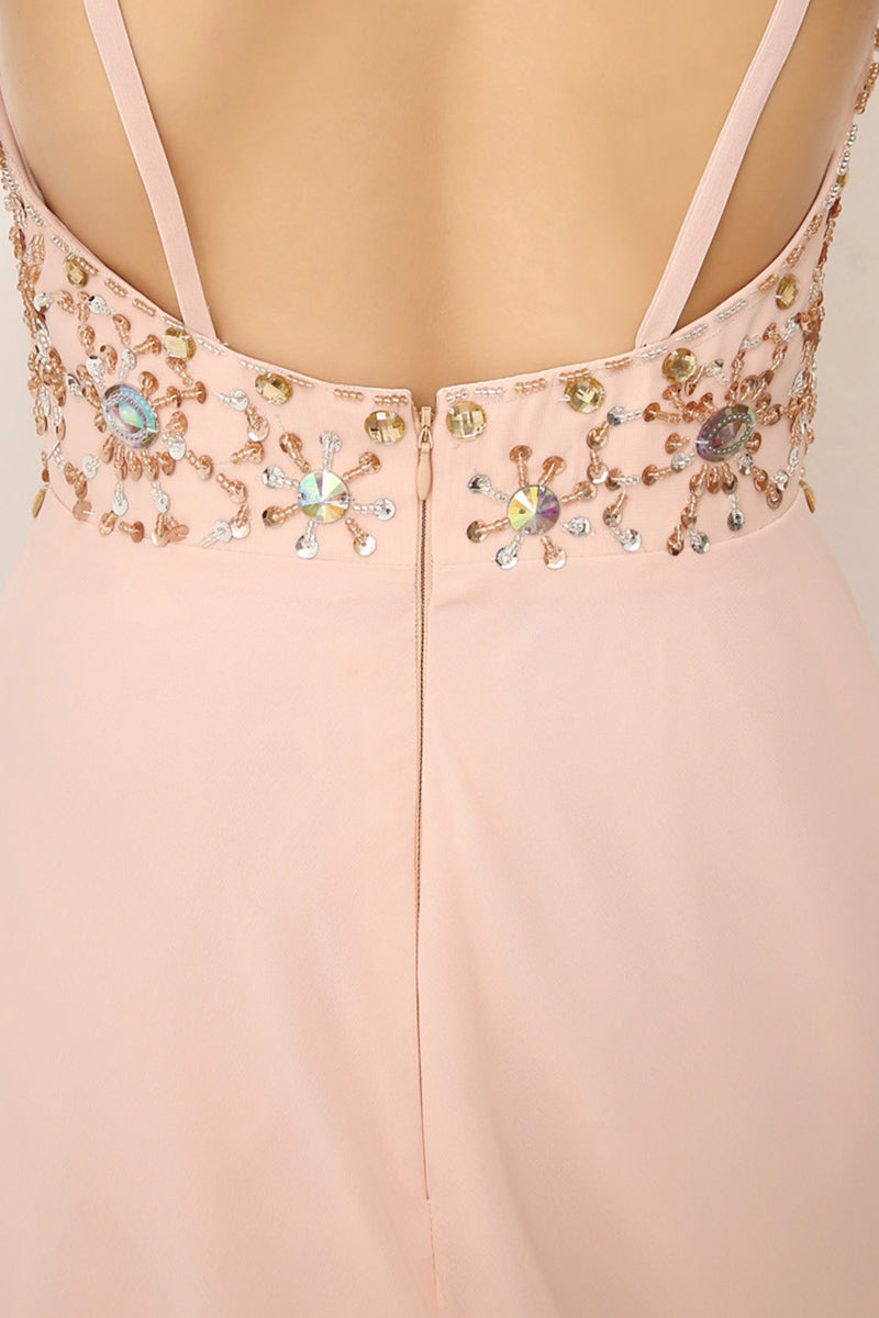 Exquisite Blush Pink Halter Gown with Embroidered Bodice and Flowing Tulle Prom Dress,SD132