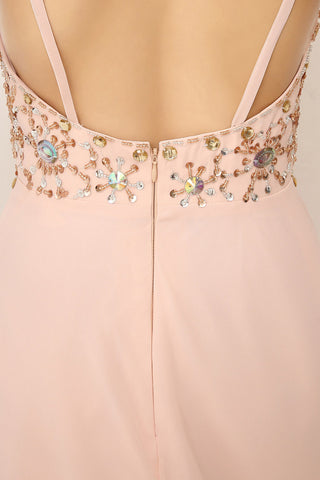 Exquisite Blush Pink Halter Gown with Embroidered Bodice and Flowing Tulle Prom Dress,SD132