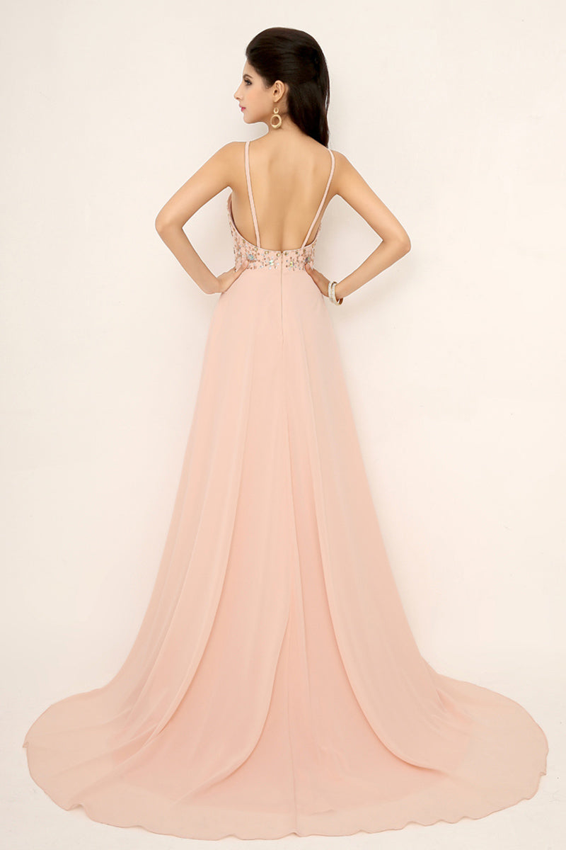 Exquisite Blush Pink Halter Gown with Embroidered Bodice and Flowing Tulle Prom Dress,SD132