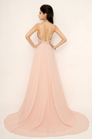 Exquisite Blush Pink Halter Gown with Embroidered Bodice and Flowing Tulle Prom Dress,SD132