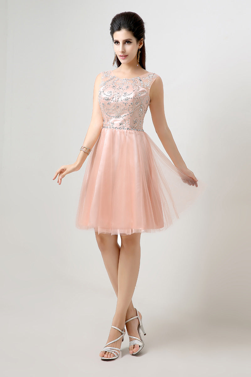 Charming Sleeveless Embellished Peach Tulle Prom Dress, SD133