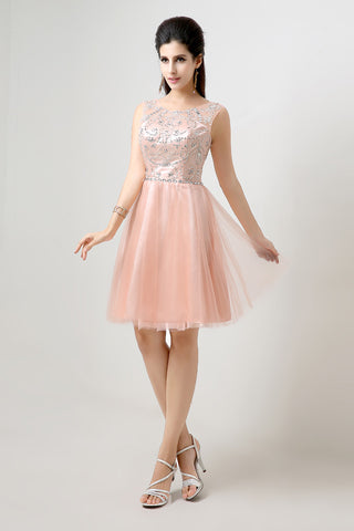 Charming Sleeveless Embellished Peach Tulle Prom Dress, SD133