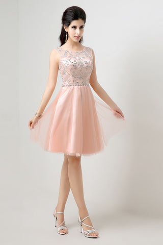 Charming Sleeveless Embellished Peach Tulle Prom Dress, SD133