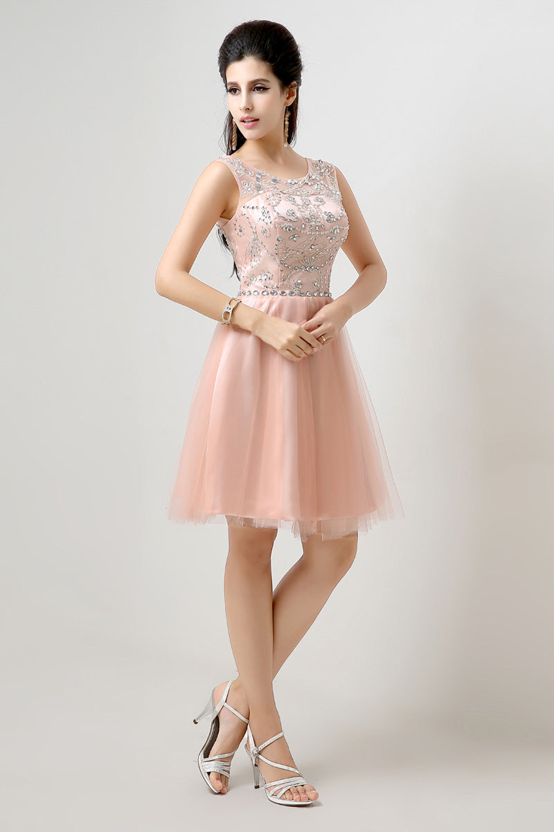 Charming Sleeveless Embellished Peach Tulle Prom Dress, SD133