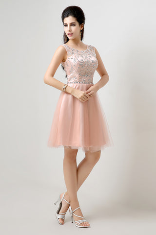 Charming Sleeveless Embellished Peach Tulle Prom Dress, SD133