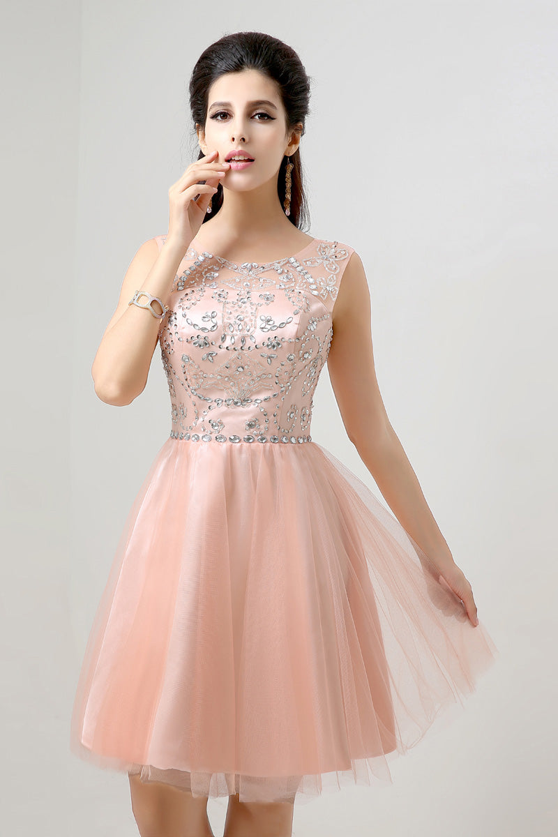 Charming Sleeveless Embellished Peach Tulle Prom Dress, SD133