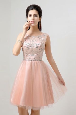 Charming Sleeveless Embellished Peach Tulle Prom Dress, SD133