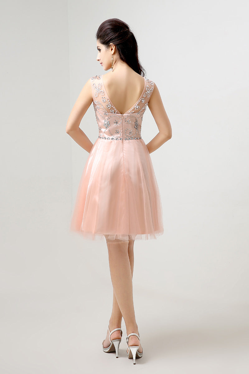 Charming Sleeveless Embellished Peach Tulle Prom Dress, SD133
