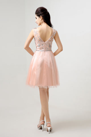 Charming Sleeveless Embellished Peach Tulle Prom Dress, SD133