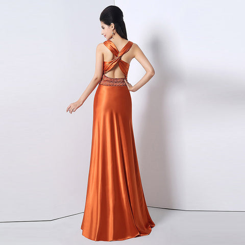 Gorgeous Sleeveless V - Neck Orange Gown with Embellished Bodice and Flowing Prom Dress,SD171