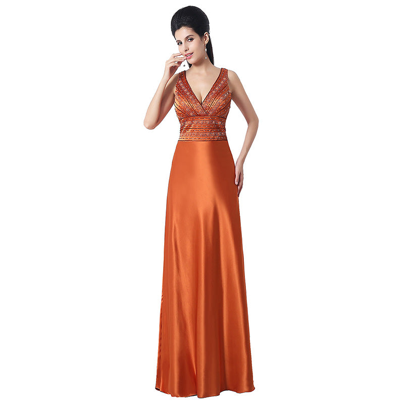 Gorgeous Sleeveless V - Neck Orange Gown with Embellished Bodice and Flowing Prom Dress,SD171