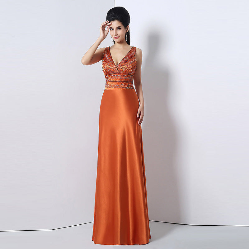 Gorgeous Sleeveless V - Neck Orange Gown with Embellished Bodice and Flowing Prom Dress,SD171