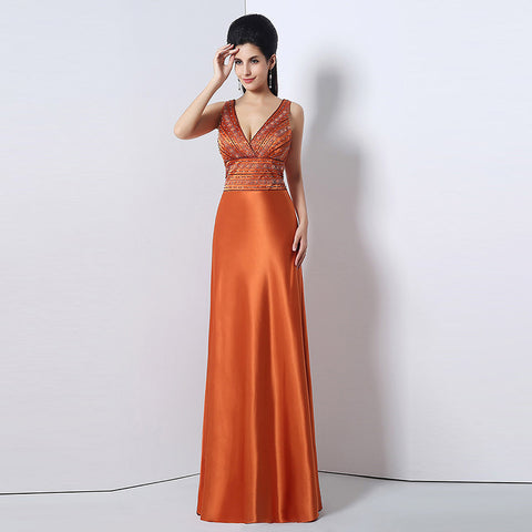 Gorgeous Sleeveless V - Neck Orange Gown with Embellished Bodice and Flowing Prom Dress,SD171
