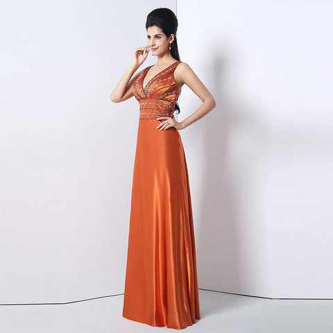 Gorgeous Sleeveless V - Neck Orange Gown with Embellished Bodice and Flowing Prom Dress,SD171