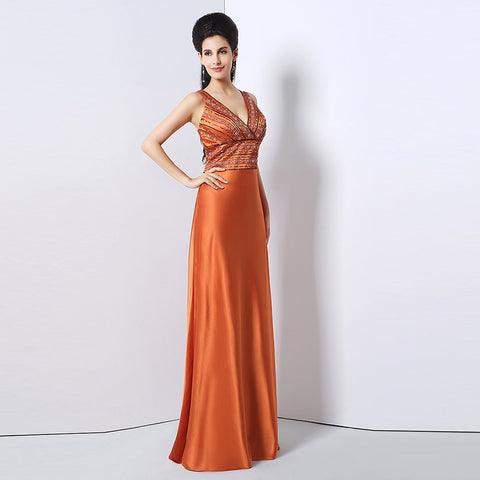 Gorgeous Sleeveless V - Neck Orange Gown with Embellished Bodice and Flowing Prom Dress,SD171