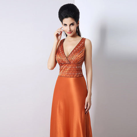 Gorgeous Sleeveless V - Neck Orange Gown with Embellished Bodice and Flowing Prom Dress,SD171