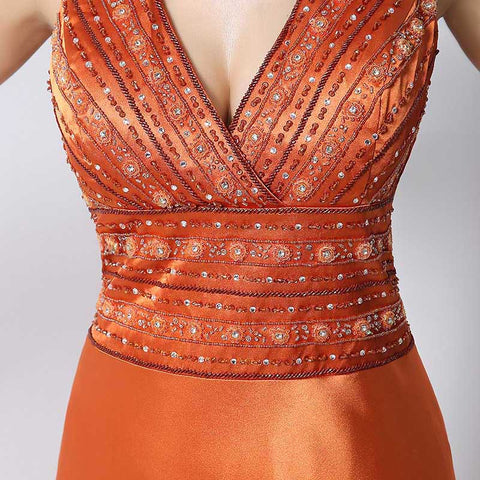 Gorgeous Sleeveless V - Neck Orange Gown with Embellished Bodice and Flowing Prom Dress,SD171