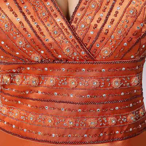 Gorgeous Sleeveless V - Neck Orange Gown with Embellished Bodice and Flowing Prom Dress,SD171