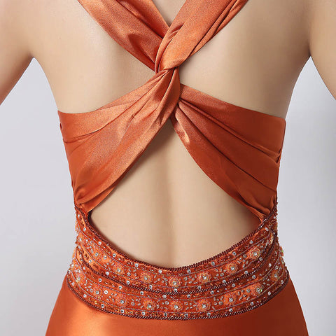 Gorgeous Sleeveless V - Neck Orange Gown with Embellished Bodice and Flowing Prom Dress,SD171