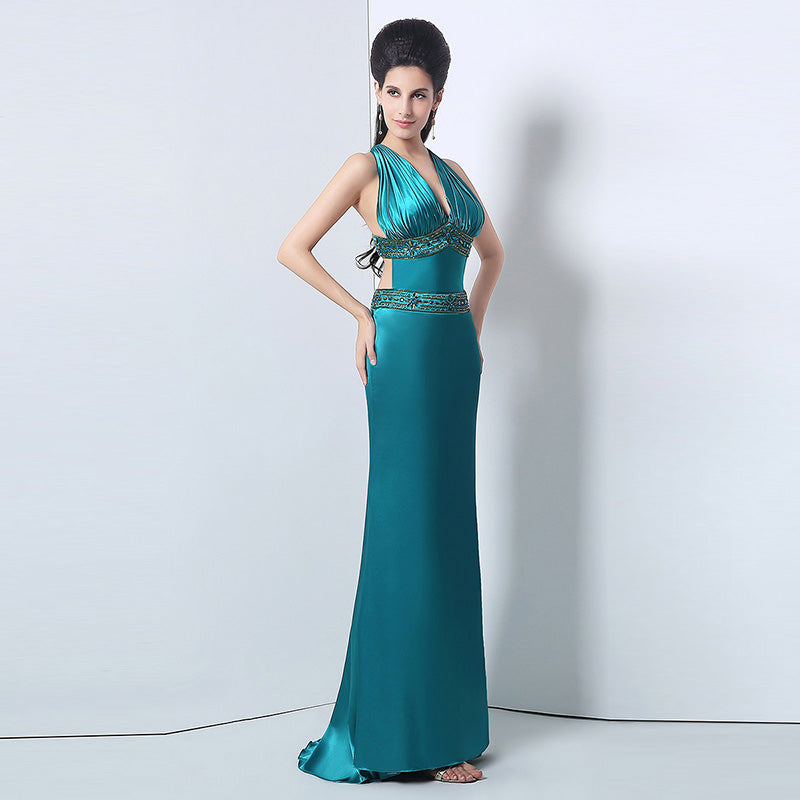 Elegant Halter Deep - V Neck Emerald Green Evening Dress,SD172